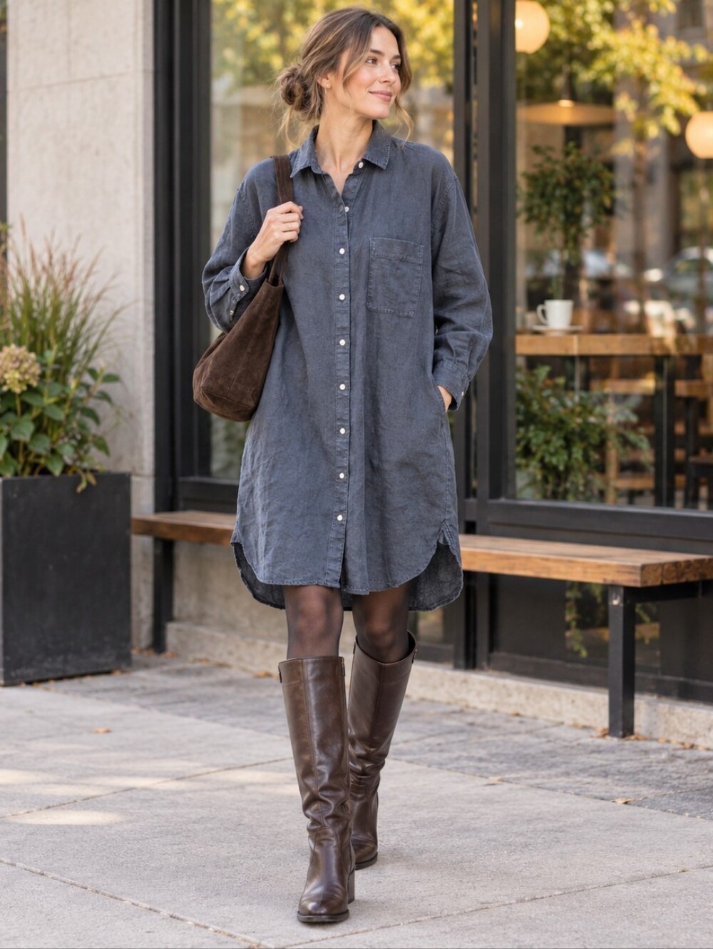 Linen Shirt Dress Navy MUJI Medium Oversized Pockets